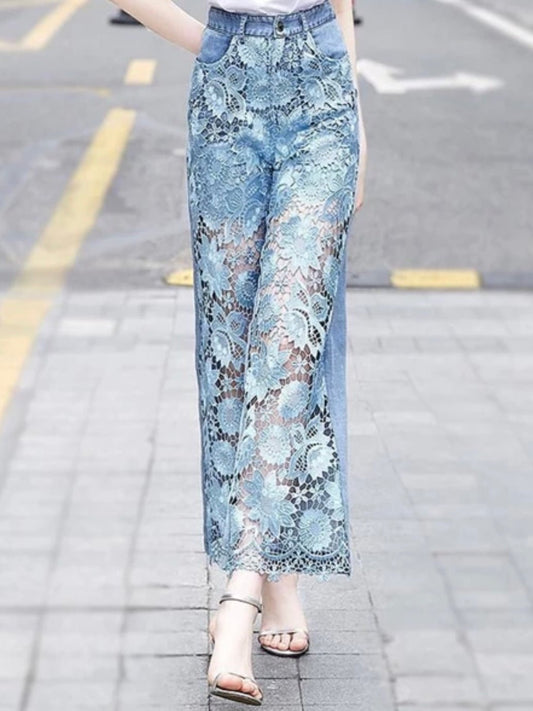 Flare lace blue jeans pants - Wapas