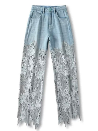 Flare lace light blue jeans pants - Wapas