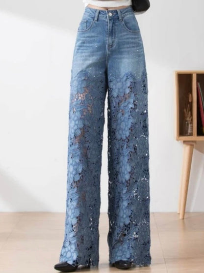 Flare lace mid blue jeans pants - Wapas