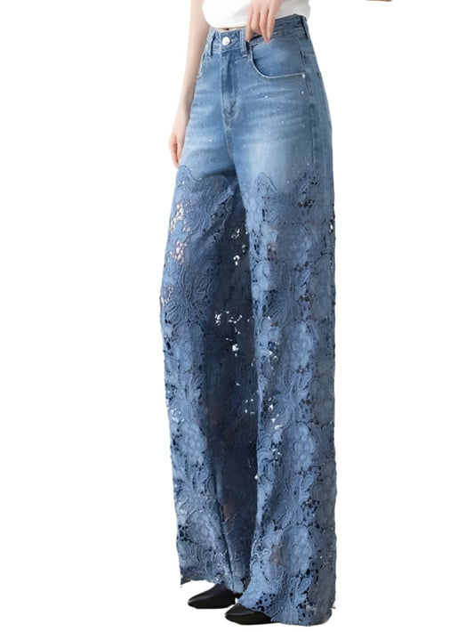 Flare lace mid blue jeans pants - Wapas