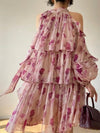 Fuchsia burgundy floral A-line short dress - Wapas