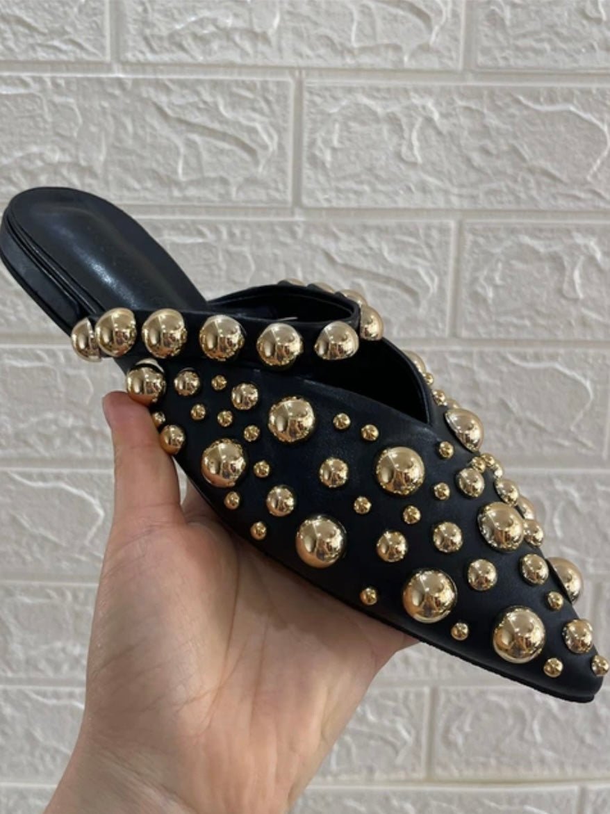 Gold dots slides pointed black flats mules shoes - Wapas