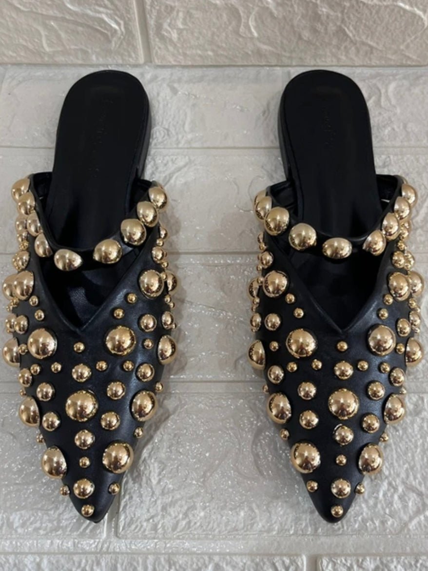 Gold dots slides pointed black flats mules shoes - Wapas