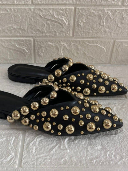 Gold dots slides pointed black flats mules shoes - Wapas