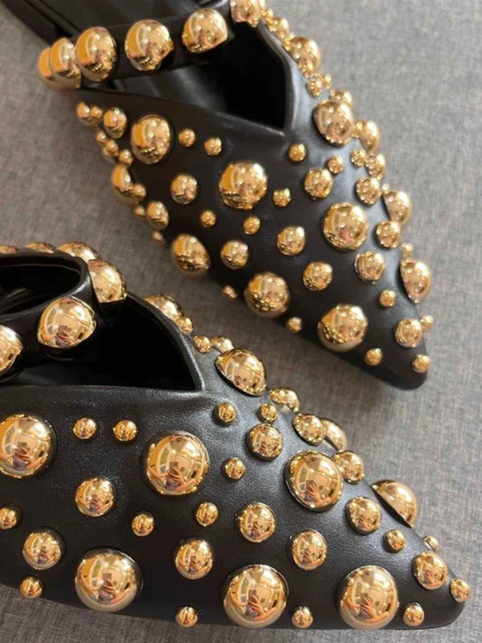 Gold dots slides pointed black flats mules shoes - Wapas