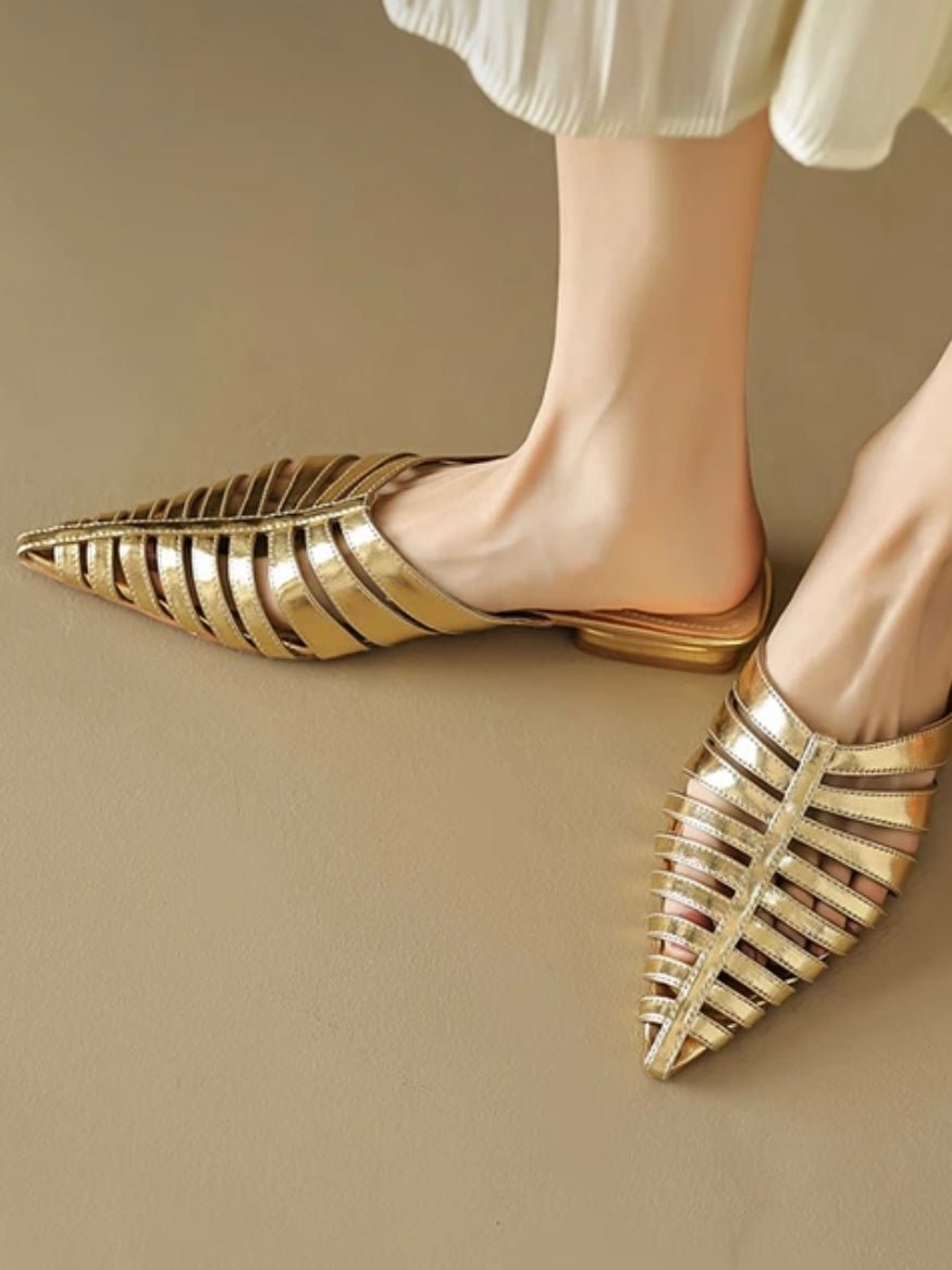 Gold mules slides pointed flats shoes - Wapas