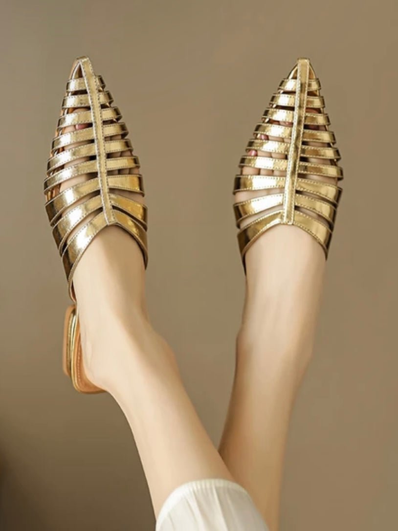 Gold mules slides pointed flats shoes - Wapas