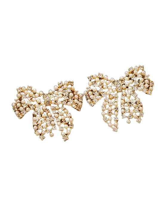 Golden plated bow plated net earrings - Wapas