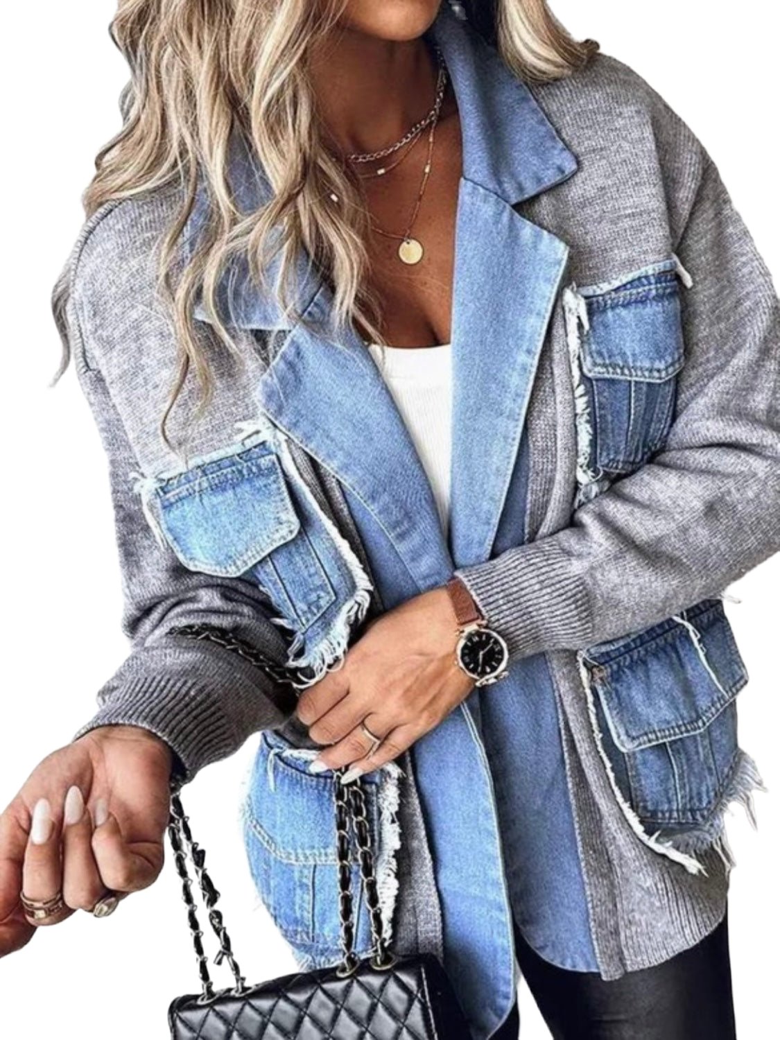 Gray and mid blue denim patchwork details jacket - Wapas