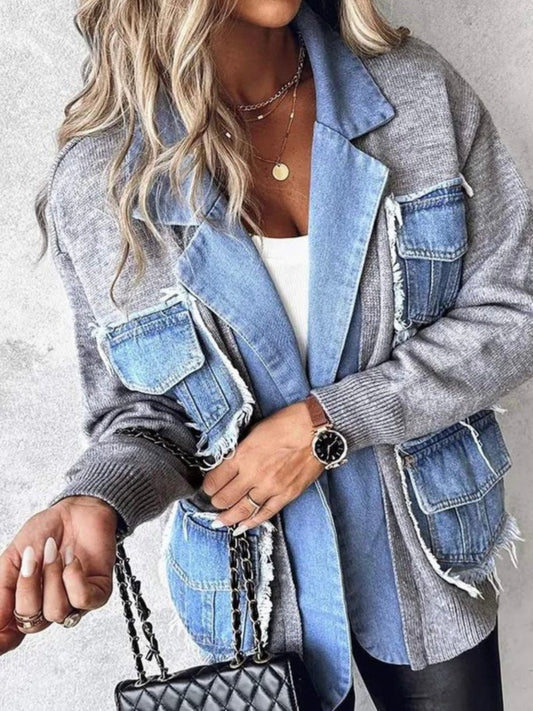 Gray and mid blue denim patchwork details jacket - Wapas