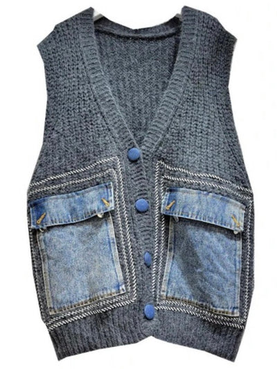 Gray knitted big denim pockets vest - Wapas