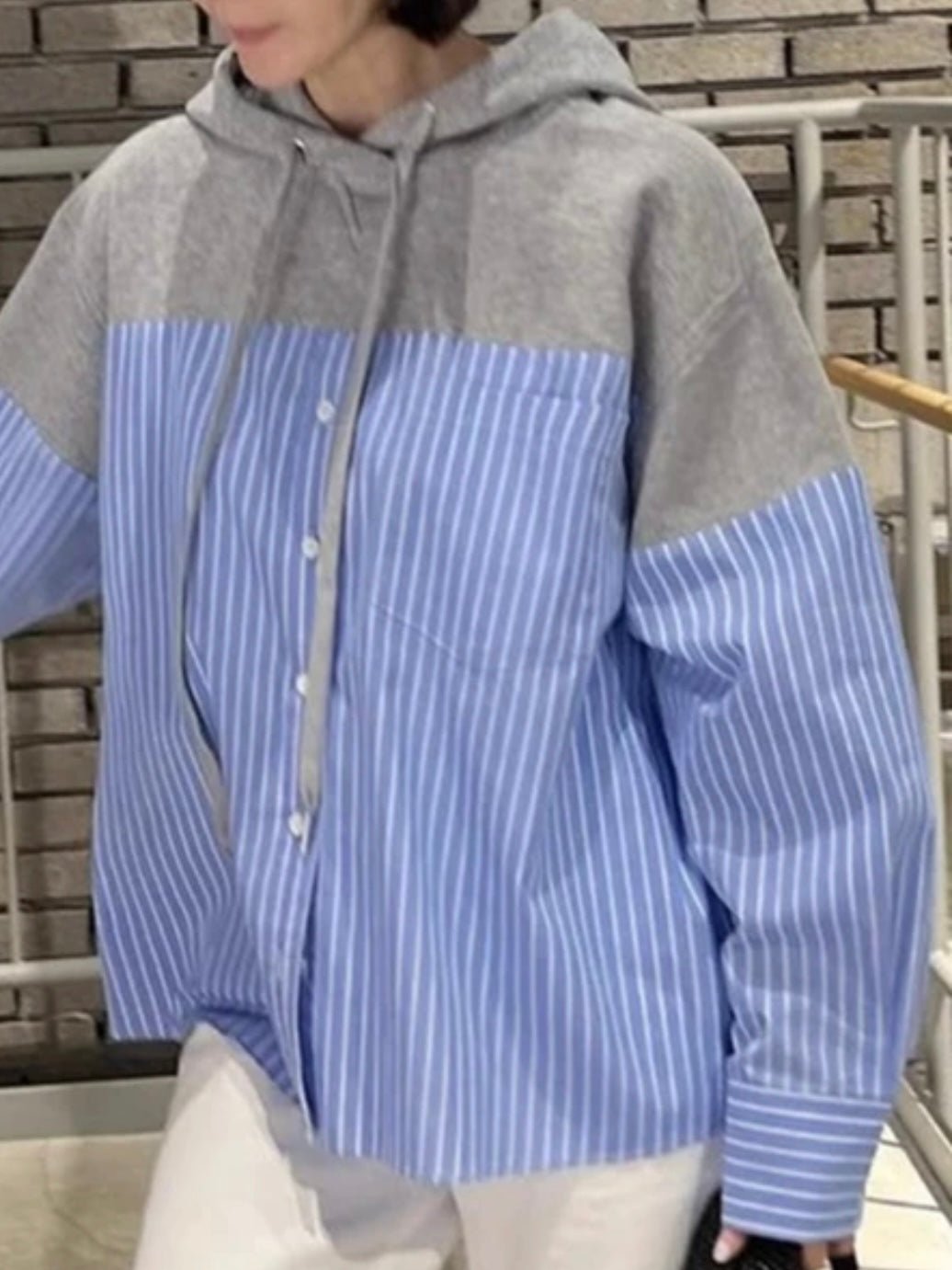 Gray, Light blue and white striped mix fabrics shirt - Wapas