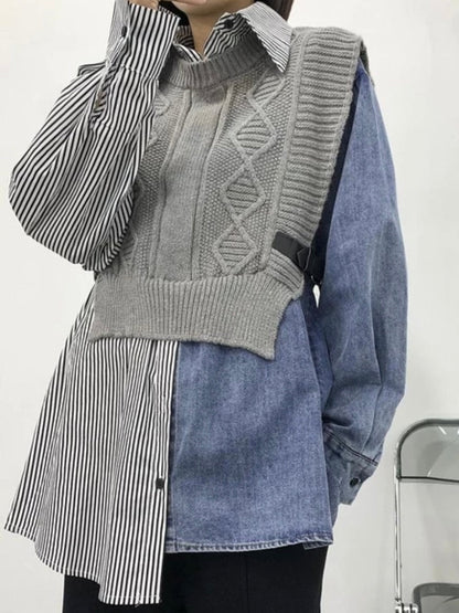 Gray top multi fabrics sweater - Wapas