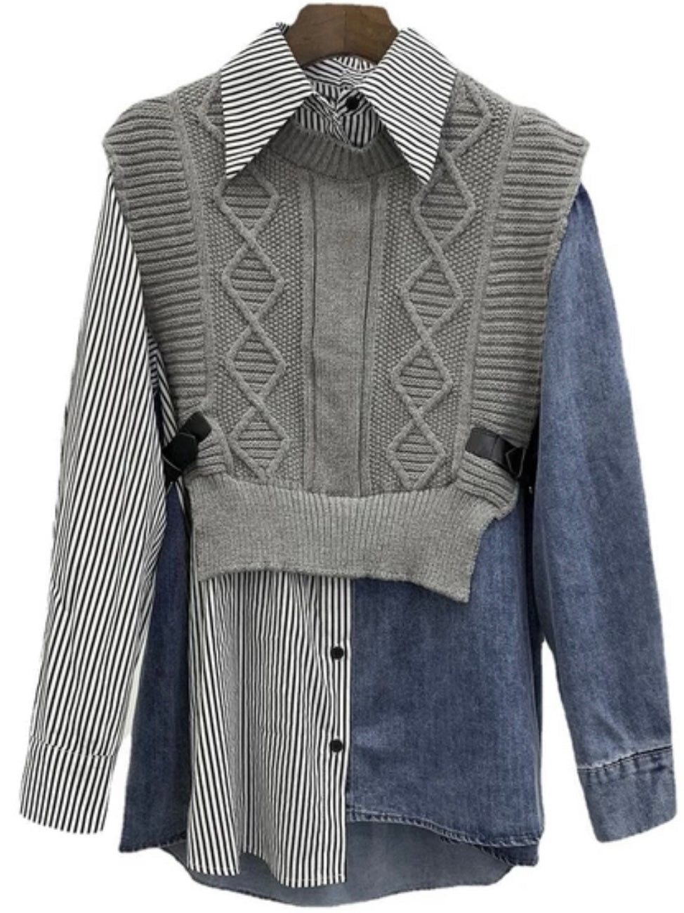 Gray top multi fabrics sweater - Wapas