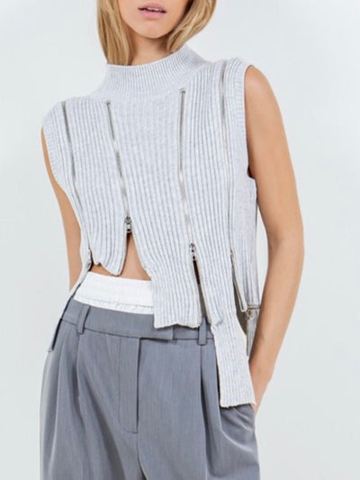 Gray zippers details knitted asymmetrical top - Wapas