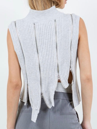 Gray zippers details knitted asymmetrical top - Wapas