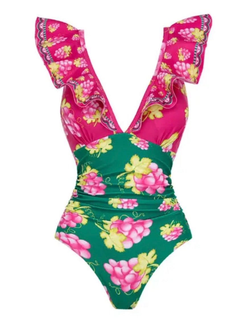 Green and fuchsia set of 2 swimsuit and short floral printed - Wapas