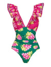 Green and fuchsia set of 2 swimsuit and short floral printed - Wapas