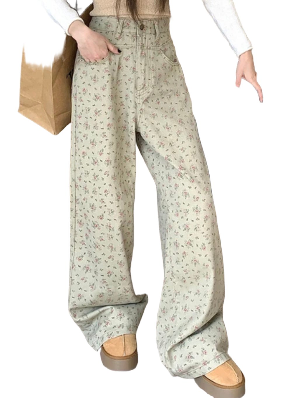 Green floral printed wide straight pants - Wapas