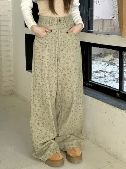 Green floral printed wide straight pants - Wapas