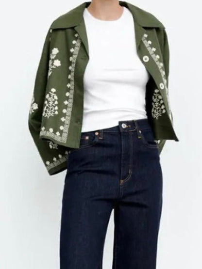 Green flowers embroidery light jacket - Wapas