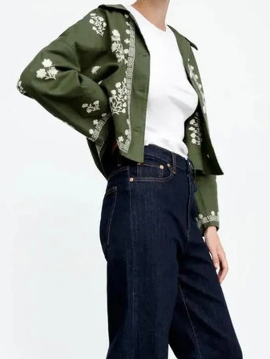 Green flowers embroidery light jacket - Wapas