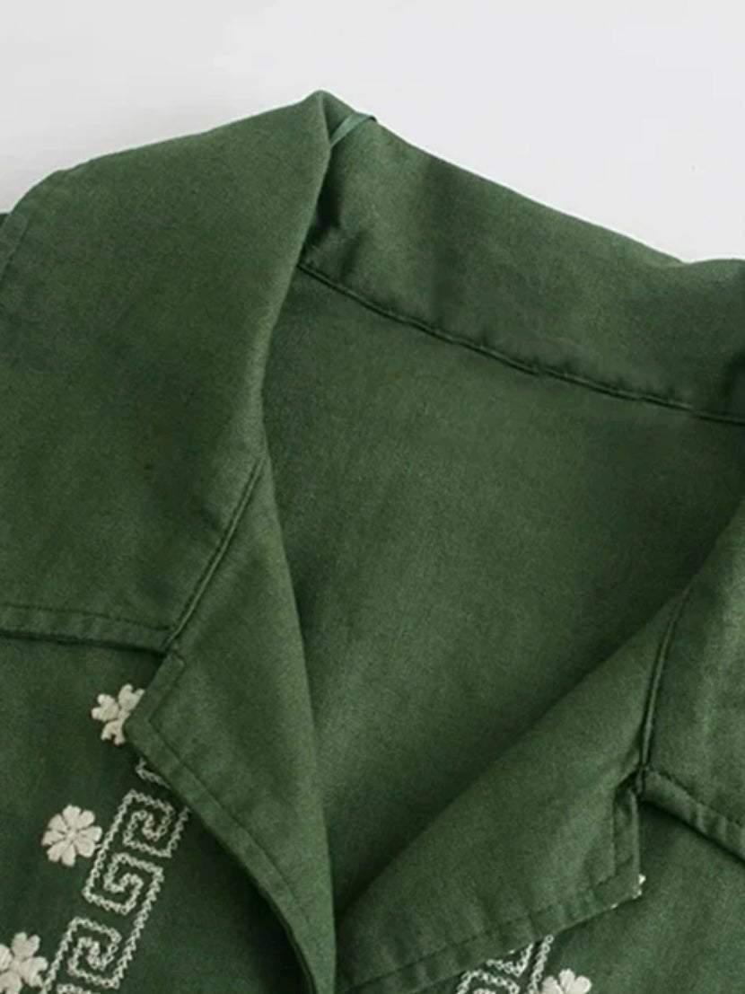 Green flowers embroidery light jacket - Wapas