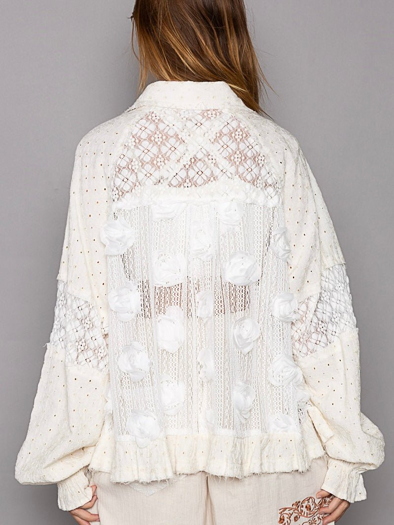 Ivory flowers eyelet lace raw hem jacket - Wapas