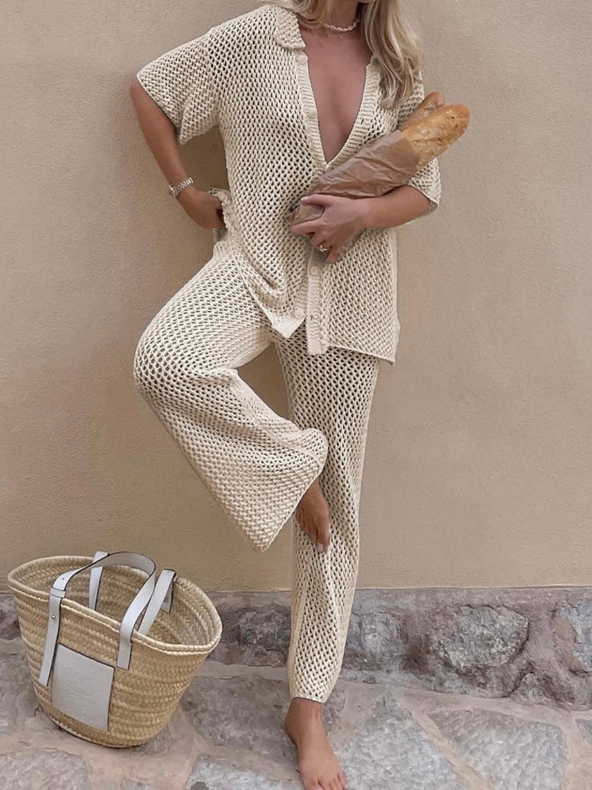 Khaki knitted crochet shirt and pants set - Wapas