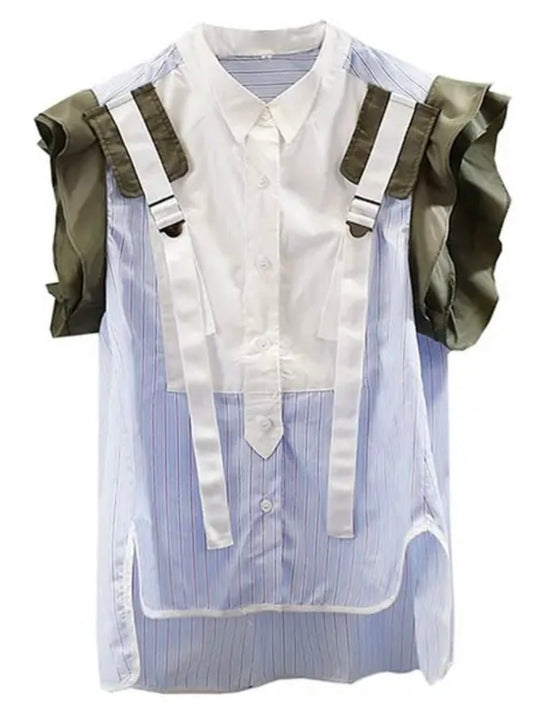 Light blue and green striped round neck mix fabrics shirt - Wapas