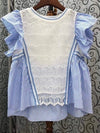 Light blue and white crochet striped round neck mix fabrics shirt - Wapas