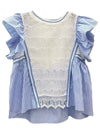 Light blue and white crochet striped round neck mix fabrics shirt - Wapas