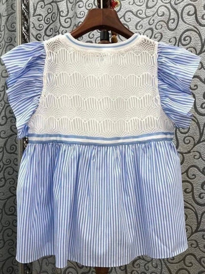 Light blue and white crochet striped round neck mix fabrics shirt - Wapas