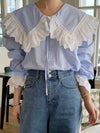 Light blue and white flaps neck mix fabrics shirt - Wapas