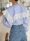 Light blue and white flaps neck mix fabrics shirt - Wapas