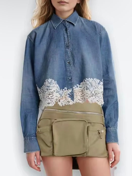 Light blue embroidered shirt white lace - Wapas