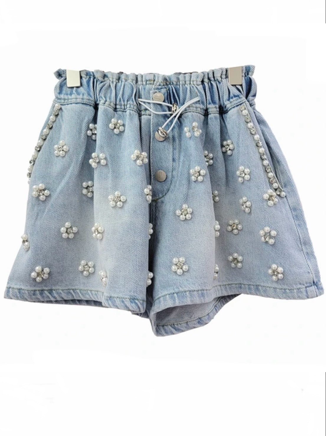 Light blue flowers embroidered shorts pants - Wapas