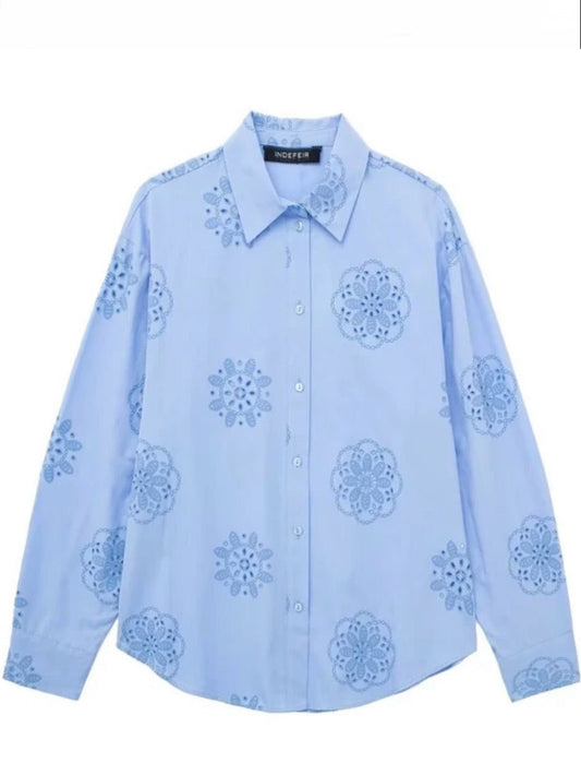 Light blue lace embroidered details shirt - Wapas