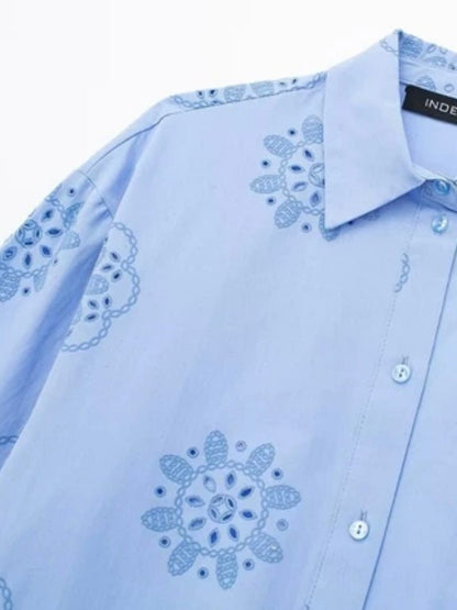 Light blue lace embroidered details shirt - Wapas