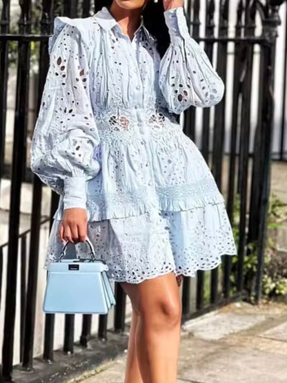 Light blue lace embroidered mini dress - Wapas