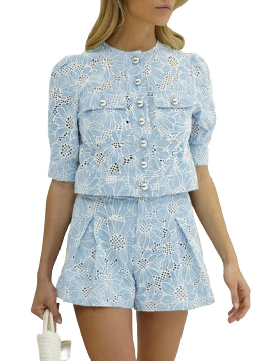 Light blue set embroidered top and short - Wapas