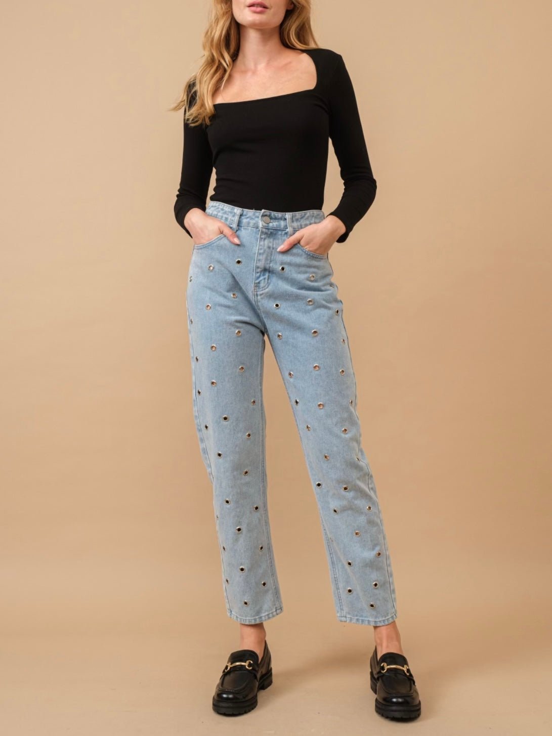 Light blue straight holes jeans pants - Wapas