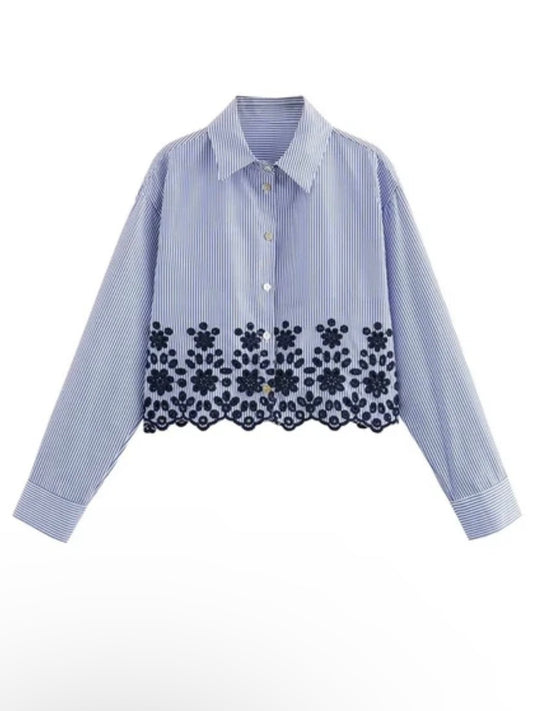 Light blue striped embroidered ruffled shirt - Wapas