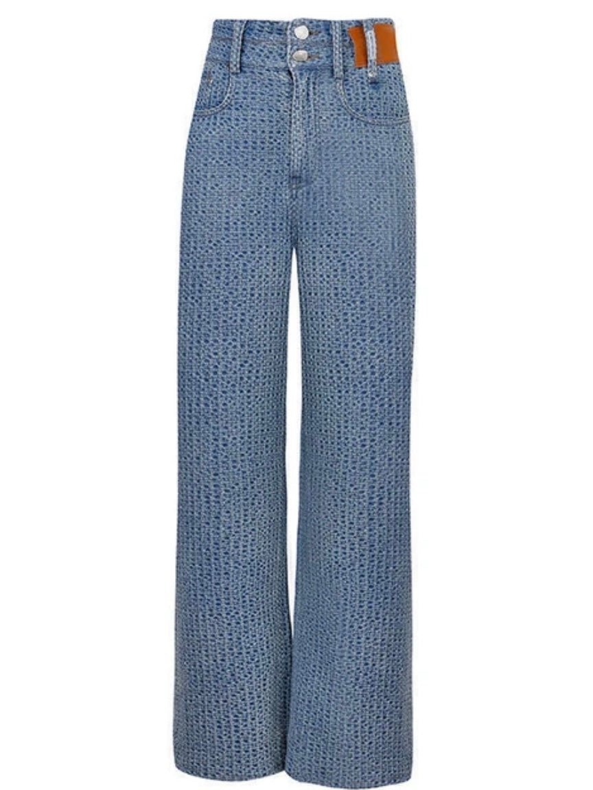 Light blue waffle texture jeans pants - Wapas