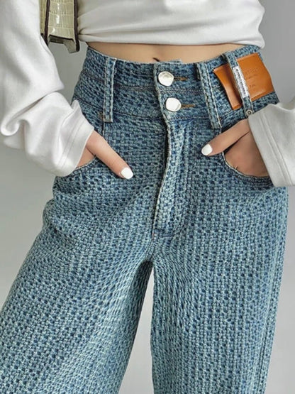 Light blue waffle texture jeans pants - Wapas