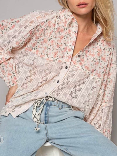 Light pink flowers crochet lace shirt - Wapas