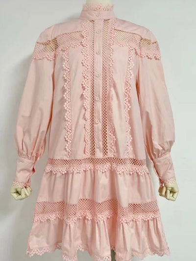 Light pink lace long sleeves short dress - Wapas