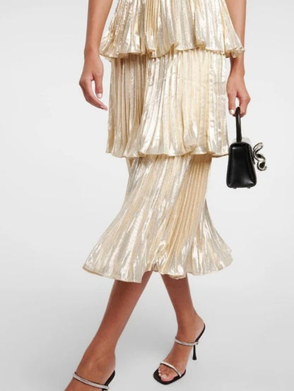 Metallic champagne layered elegant midi dress - Wapas