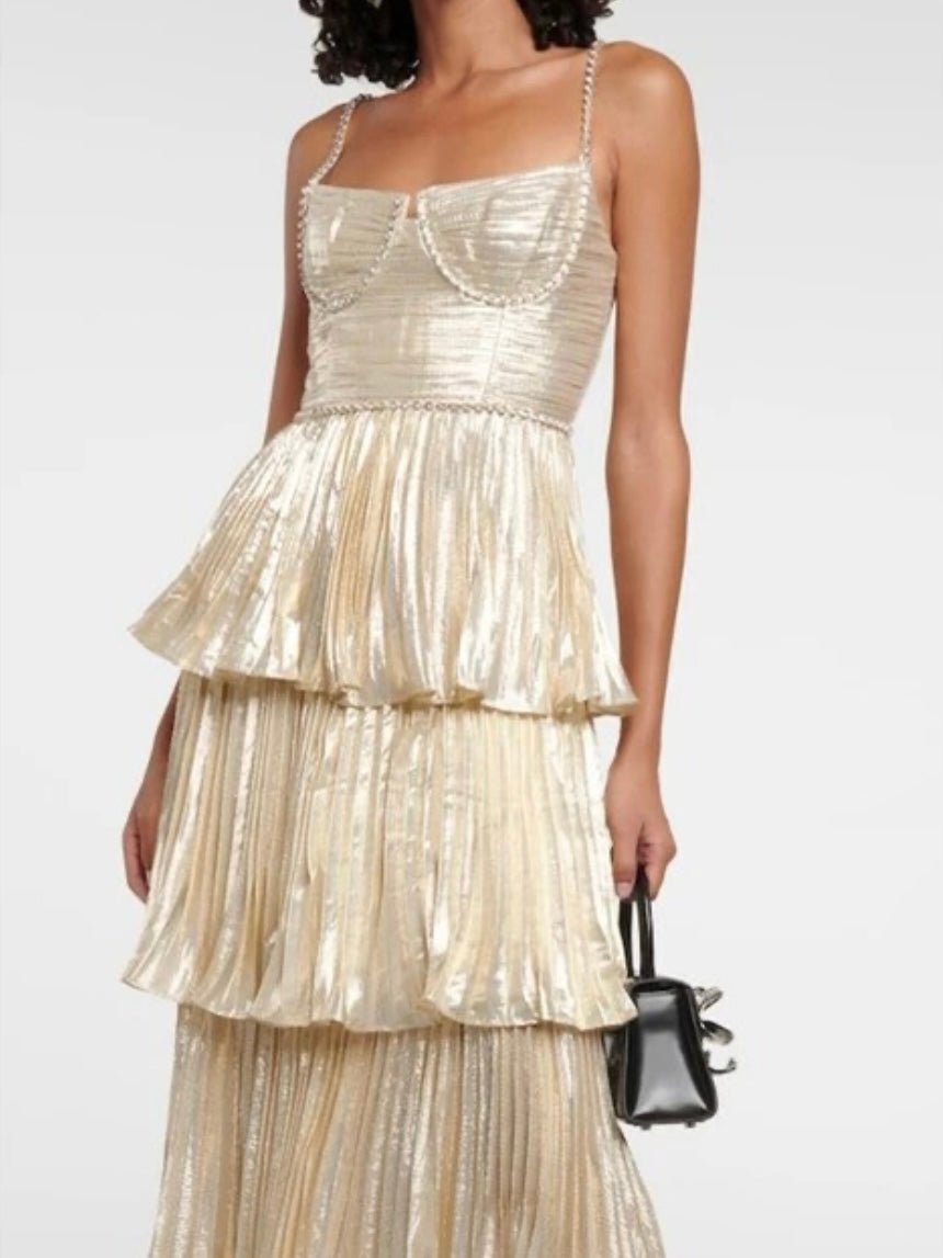 Metallic champagne layered elegant midi dress - Wapas