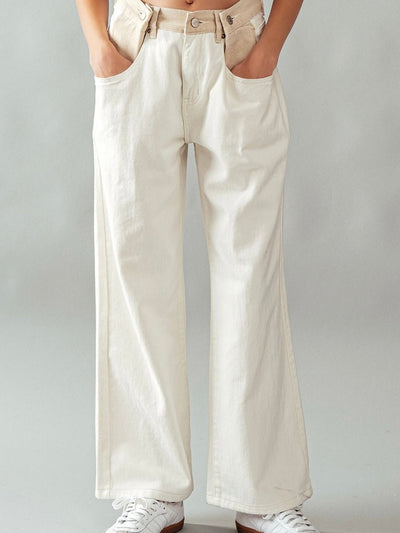 Mid beige jeans buttoned waist baggy pants - Wapas